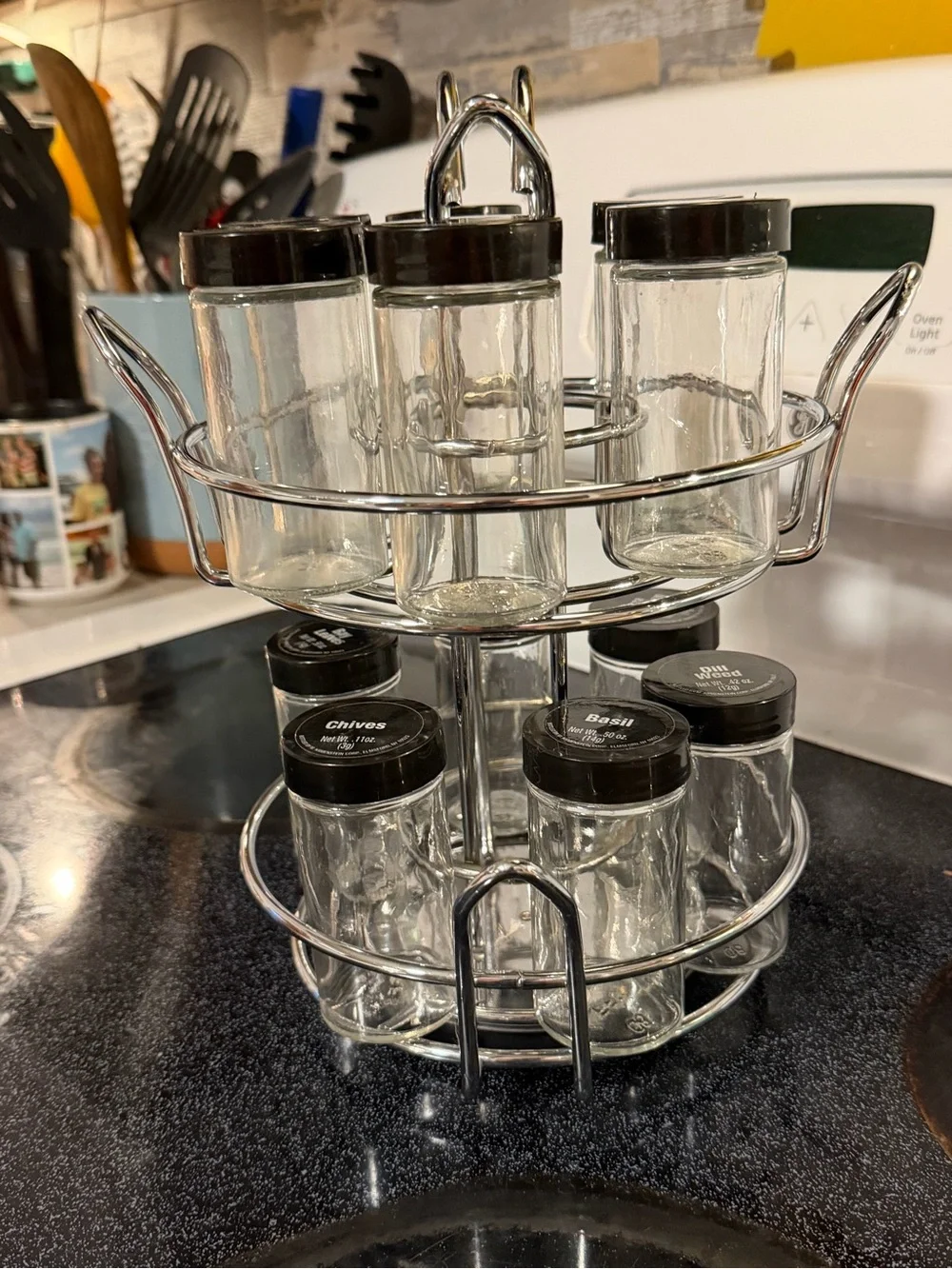 Chrome Rotating Spice Rack with Black-Lid Glass Jars - Home Kitchen